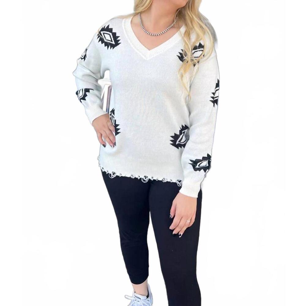 NEW ROWDY CROWD silverton aztec sweater in white